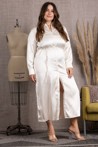 IVORY BUTTON DOWN LONG SLEEVES PLUS SIZE MAXI DRESS-M51743WX