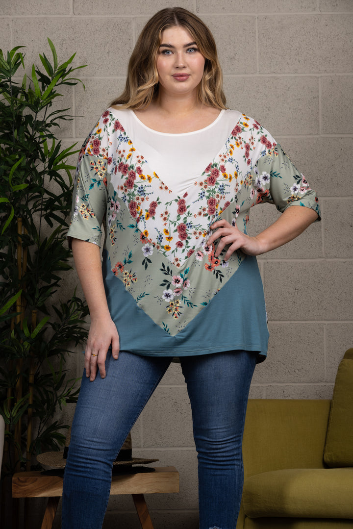 SAGE FLORAL PRINT CONTRAST PLUS SIZE KNIT TOP-CT43609C