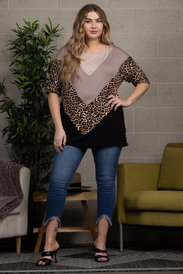 LEOPARD PRINT DOLMAN SLEEVES CONTRAST PLUS SIZE KNIT TOP CT43609E