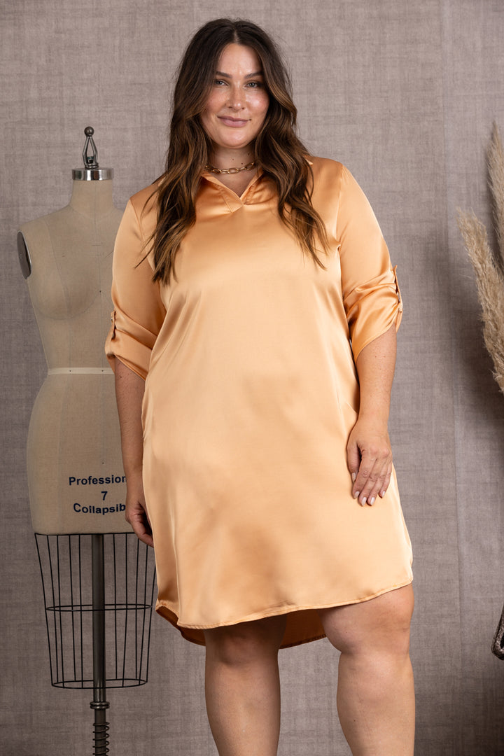 D51728WX-PEACH  SATIN 3/4 SLEEVES PLUS SIZE DRESS *