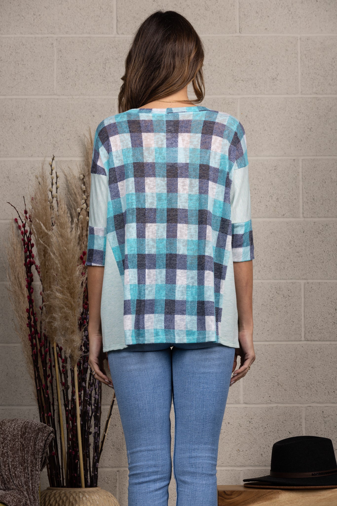 BLUE CHARCOAL & MINT STRIPE CONTRAST OVER SIZE TOP-T1931