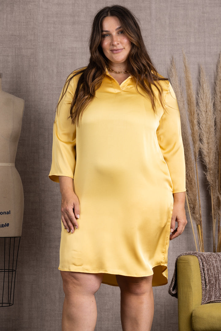 D51728WX-YELLOW SATIN 3/4 SLEEVES PLUS SIZE DRESS *