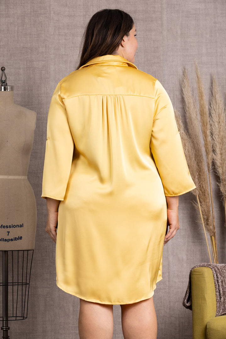 D51728WX-YELLOW SATIN 3/4 SLEEVES PLUS SIZE DRESS *