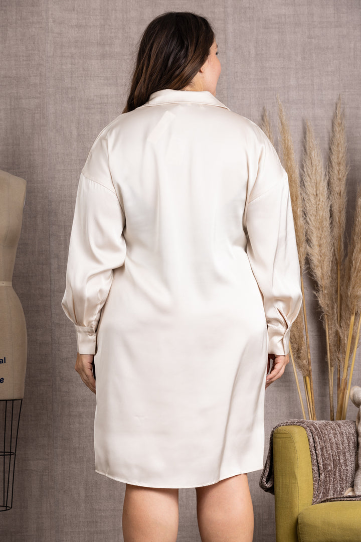 IVORY SATIN LONG SLEEVES PLUS SIZE MIDI DRESS-B10135WX *