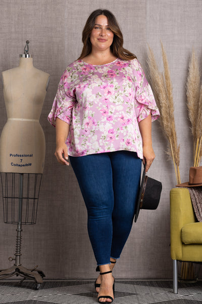 T2029-Wholesale OLD ROSE OLD ROSE FLORAL PRINT BELL SHORT SLEEVE PUS SIZE TOP