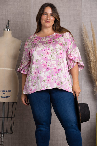 T2029-OLD ROSE OLD PRINT BELL SHORT SLEEVE PLUS SIZE TOP-S1175