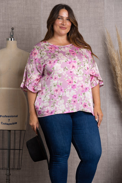 T2029-OLD ROSE OLD PRINT BELL SHORT SLEEVE PLUS SIZE TOP-S1175