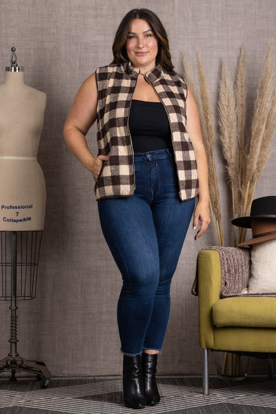 BROWN PLAID QUILTED SLEEVELESS PLUS SIZE VEST-BC003