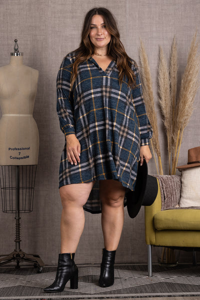 4D2387-Wholesale NAVY COLLARED LONG SLEEVES PLUS SIZE MIDI DRESS