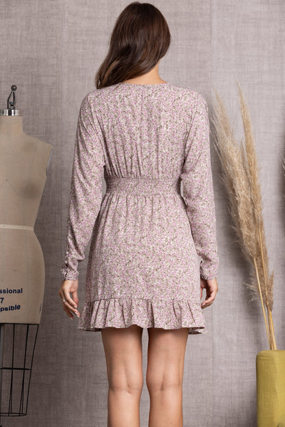 SS8836-DUSTY PINK PLUNGING NECK SMOCKED WAISTBAND LONG SLEEVE MINI DRESS-S1045 (2 S - 2 M - 2 L)
