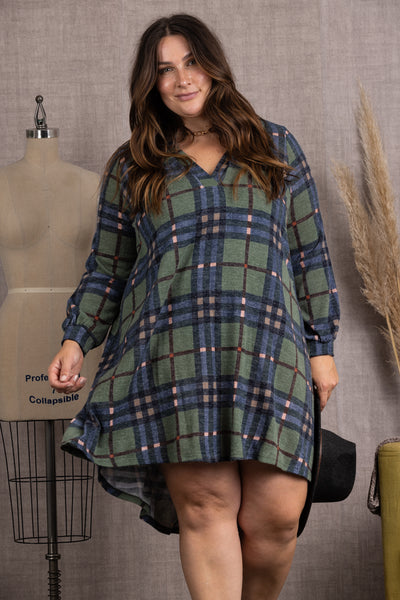 4D2387-Wholesale GREEN COLLARED LONG SLEEVES PLUS SIZE MIDI DRESS