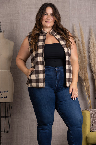 BC003-Wholesale BROWN PLAID QUILTED SLEEVELESS PLUS SIZE VEST