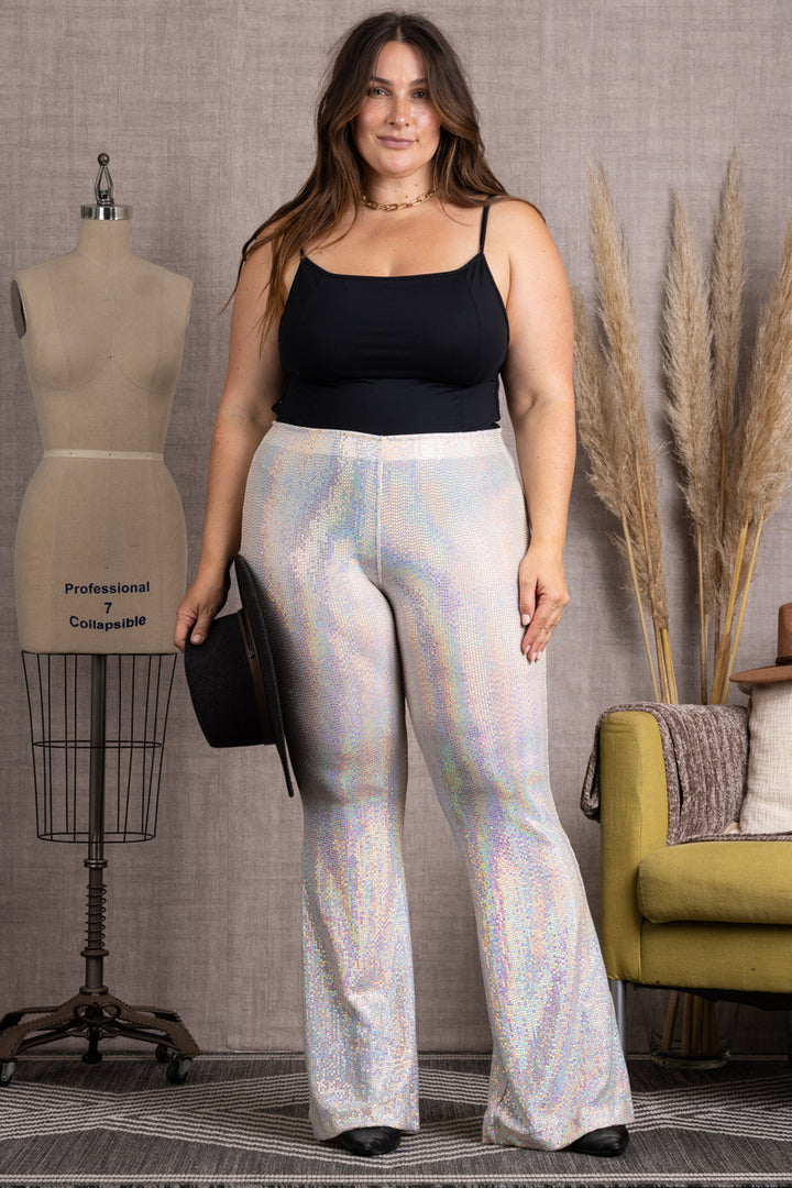 P7477-Wholesale BEIGE SEQUENCE ELASTIC WAIST WIDE LEG PLUS SIZE PANTS