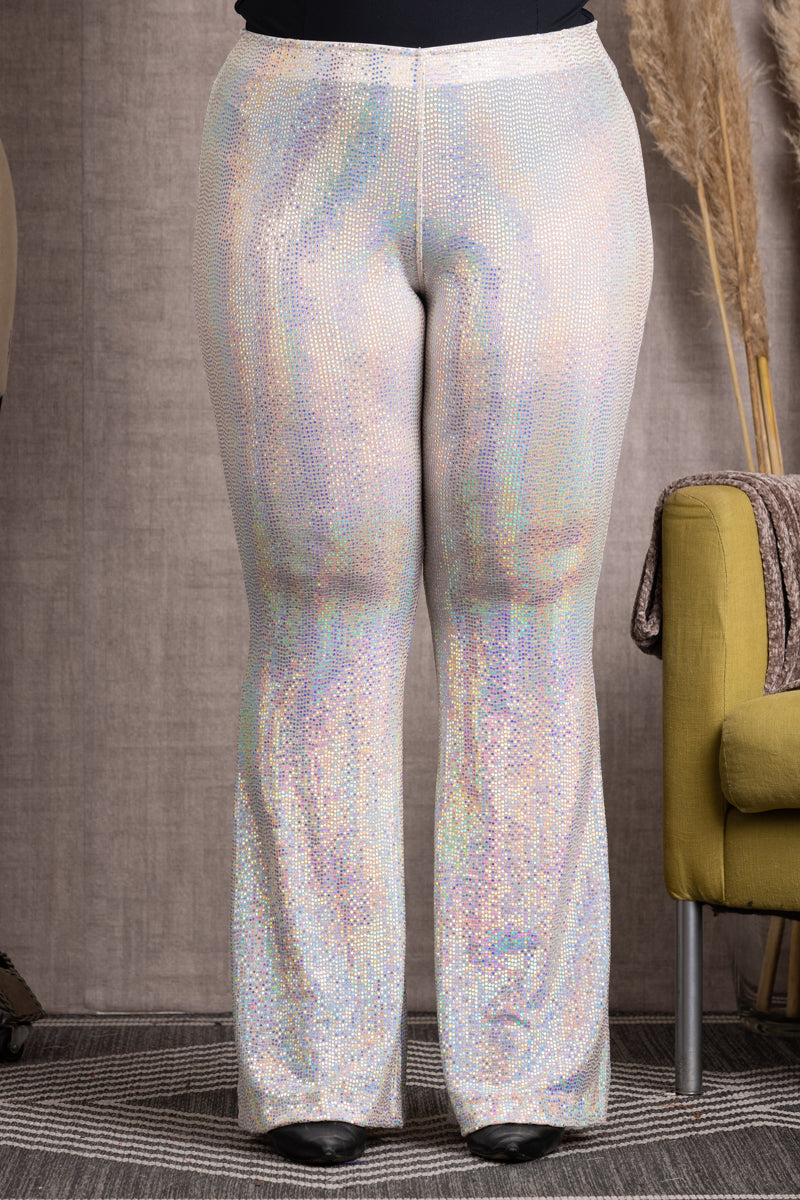 BEIGE SEQUENCE ELASTIC WAIST WIDE LEG PLUS SIZE PANTS-P7477