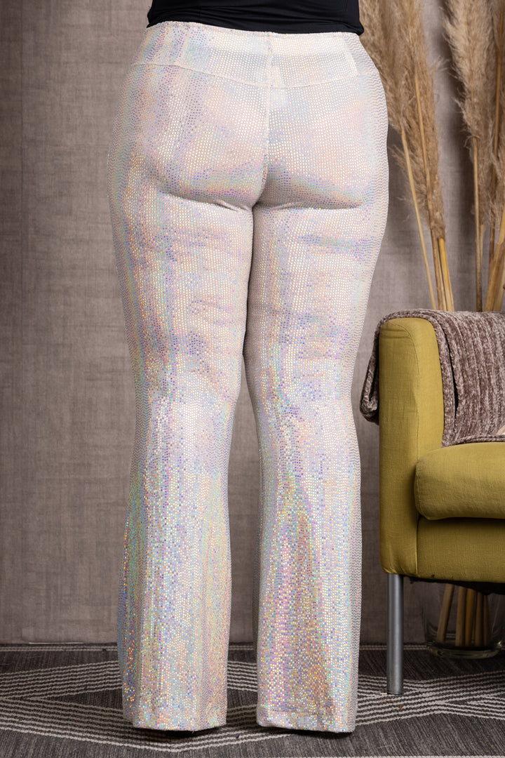 BEIGE SEQUENCE ELASTIC WAIST WIDE LEG PLUS SIZE PANTS-P7477