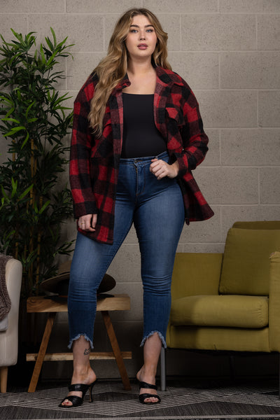 PLAID POINT COLLAR LONG SLEEVE PATCH POCKET PLUS SIZE JACKET
