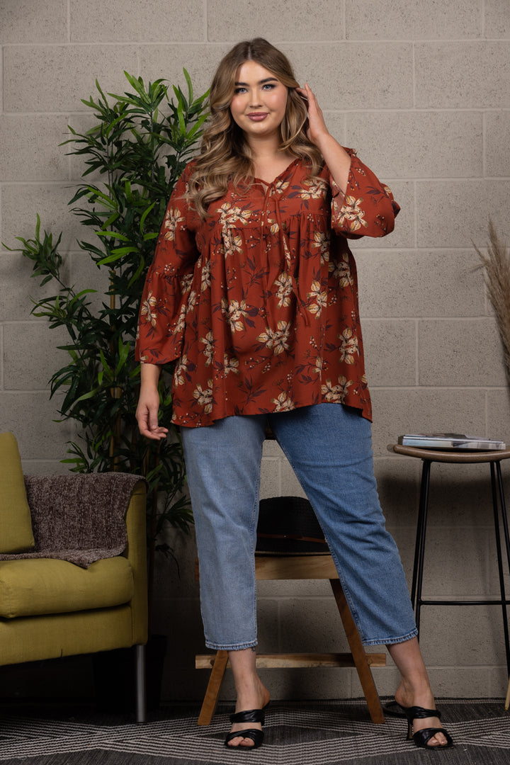 FLORAL PRINT BABYDOLL BELL SLEEVE PLUS SIZE TOP