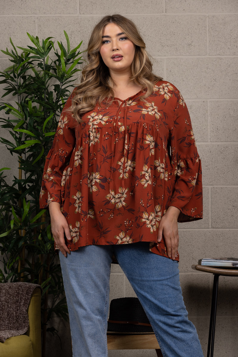 FLORAL PRINT BABYDOLL BELL SLEEVE PLUS SIZE TOP