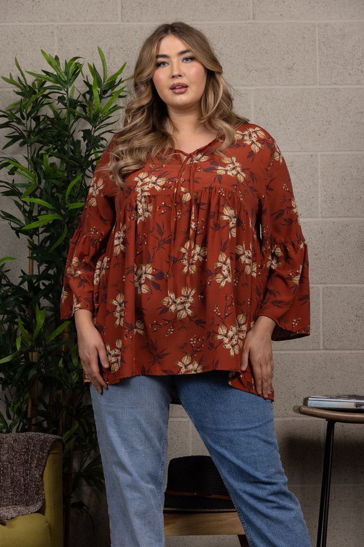 FLORAL PRINT BABYDOLL BELL SLEEVE PLUS SIZE TOP