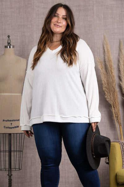 M5044P-Wholesale WHITE RIBBED KNIT LONG SLEEVES PLUS SIZE TOP