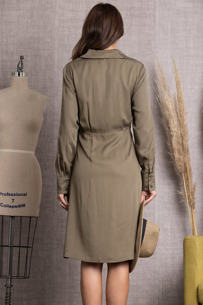 SS8498-OLIVE SOLID LONG SLEEVE W/SIDE FRONT TIE SHIRT MIDI DRESS-S1015 (2 S - 2 M - 2 L)