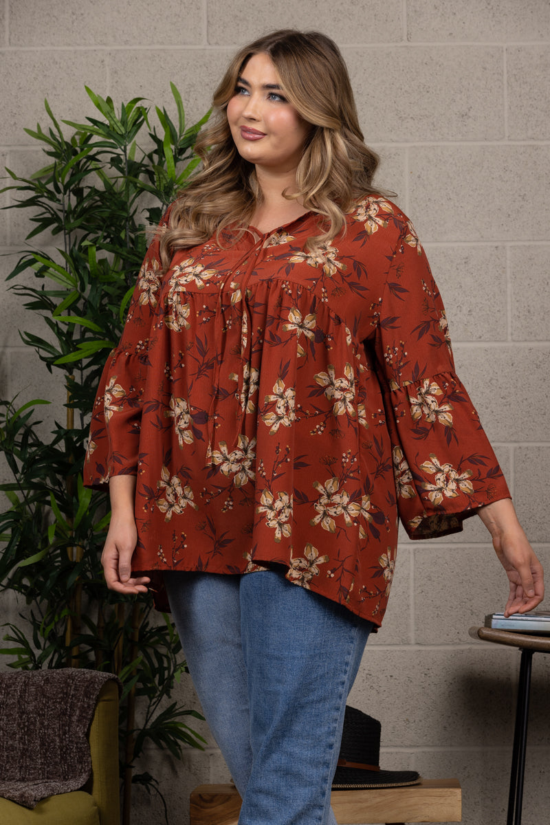FLORAL PRINT BABYDOLL BELL SLEEVE PLUS SIZE TOP