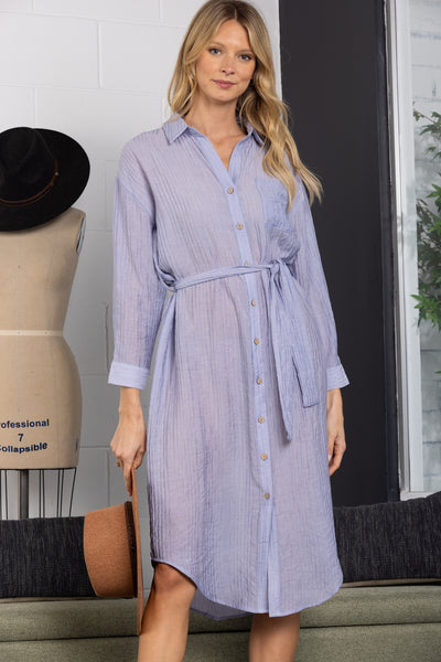 D9287-Wholesale DUSTY BLUE COLLARED LINEN LONG SLEEVES MAXI DRESS