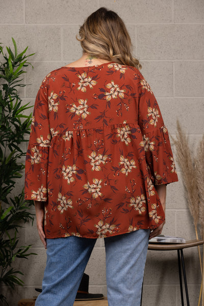 FLORAL PRINT BABYDOLL BELL SLEEVE PLUS SIZE TOP