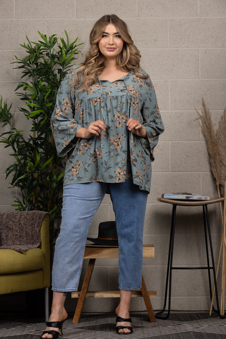 FLORAL PRINT BABYDOLL BELL SLEEVE PLUS SIZE TOP