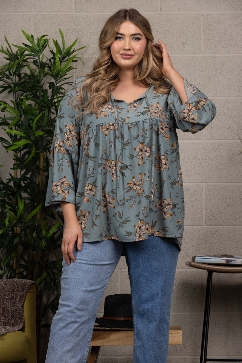 FLORAL PRINT BABYDOLL BELL SLEEVE PLUS SIZE TOP