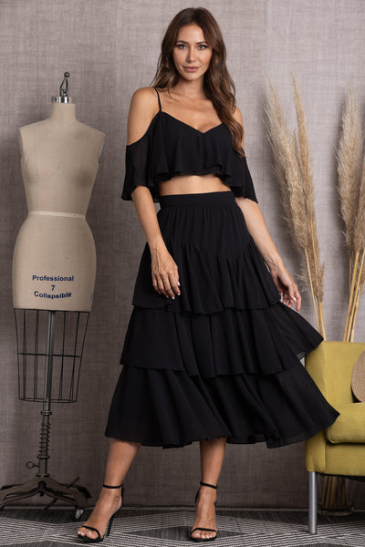 IST4831-Wholesale BLACK LAYERED SPAGHETTI STRAP CORP TOP AND SKIRT SET