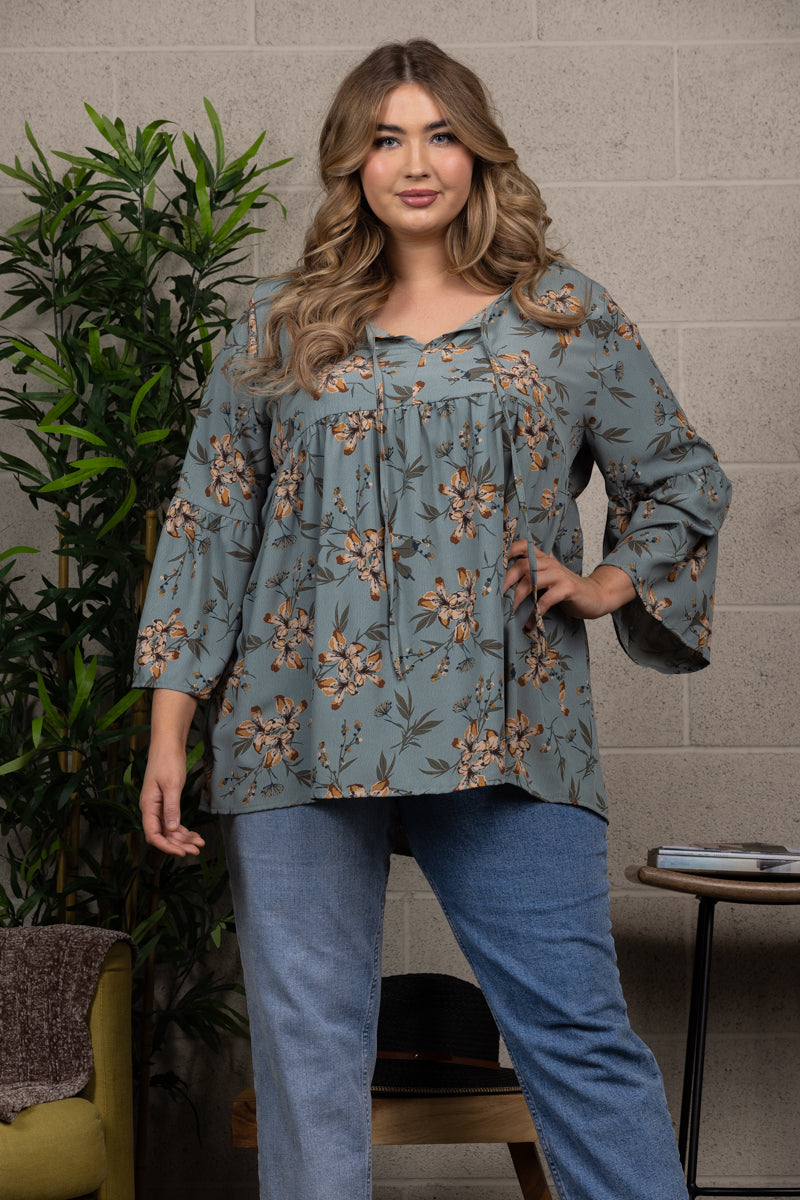 FLORAL PRINT BABYDOLL BELL SLEEVE PLUS SIZE TOP