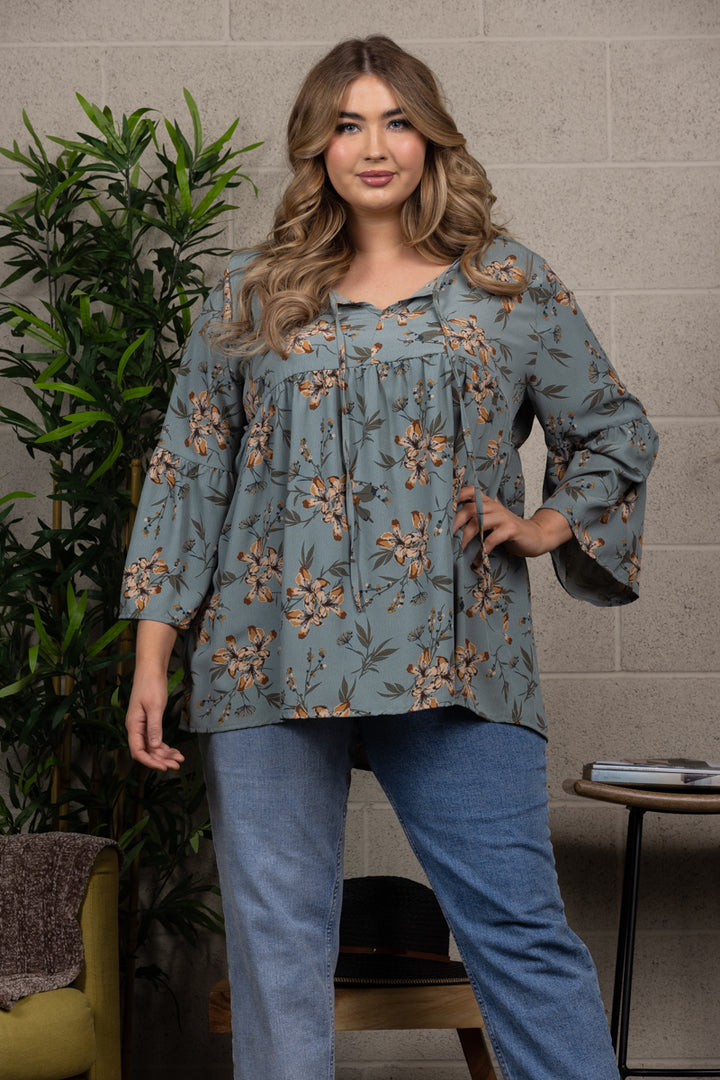 FLORAL PRINT BABYDOLL BELL SLEEVE PLUS SIZE TOP