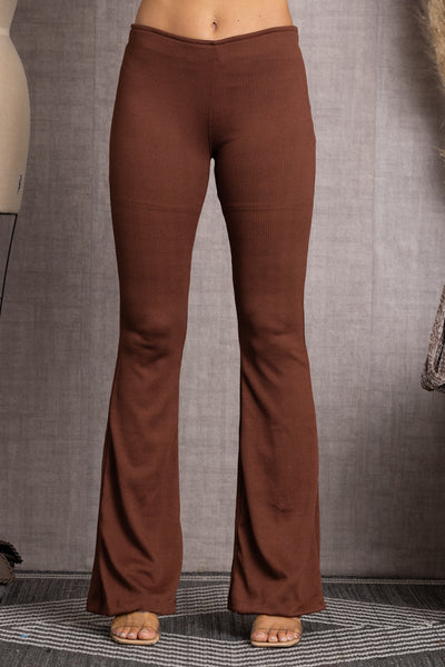 P7236-BROWN MID-RISE RIBBED KNIT WIDE LEG PANTS