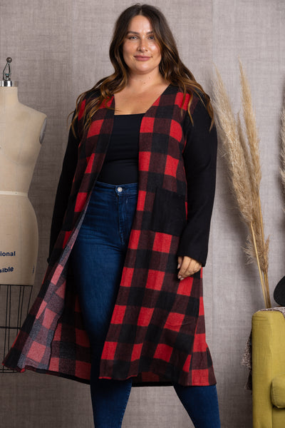 SG21022P-Wholesale BLACK/RED CONTRAST THROW ON PLAID PLUS SIZE CARDIGAN