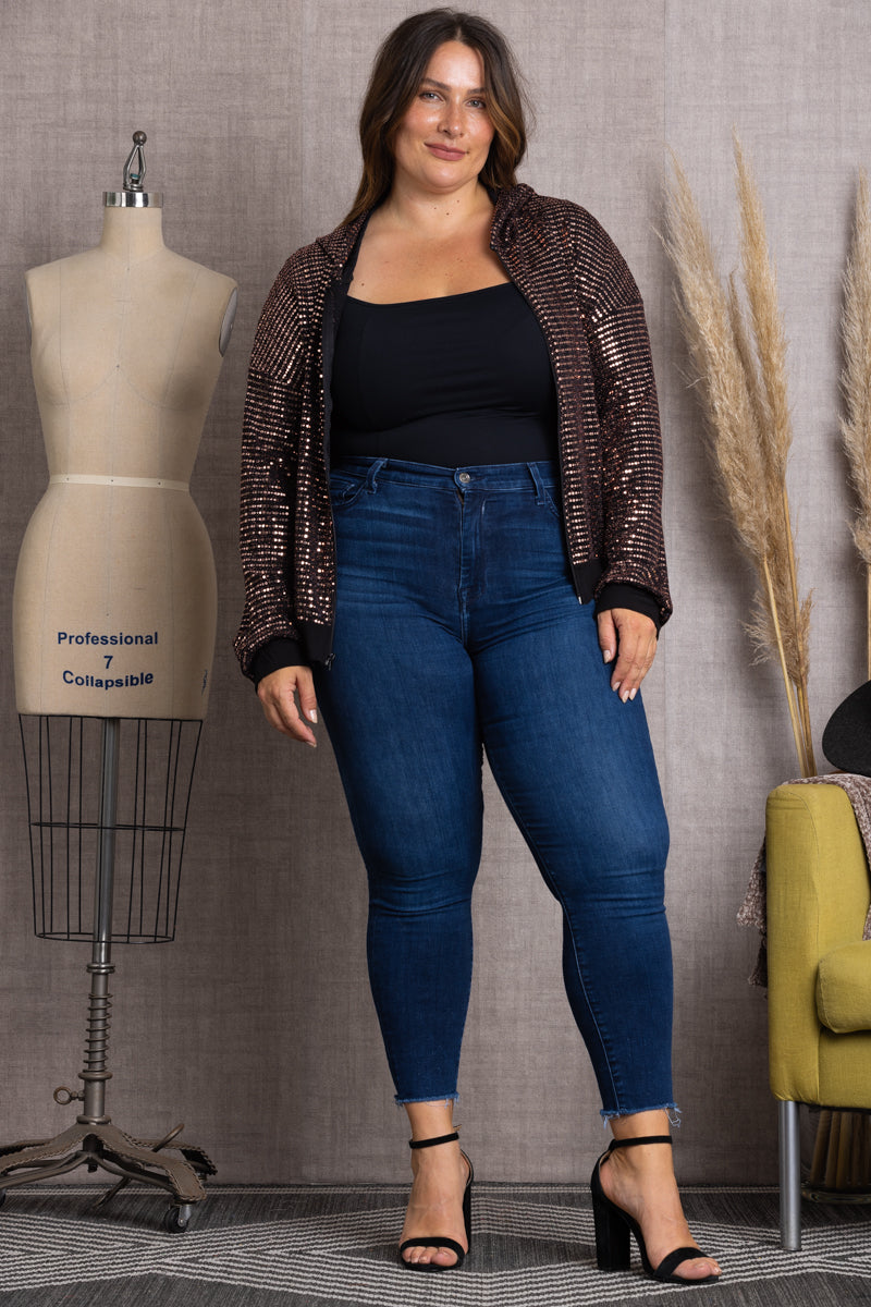 T7488-GOLD SEQUENCE DETAILED ZIPPER FRONT PLUS SIZE JACKET