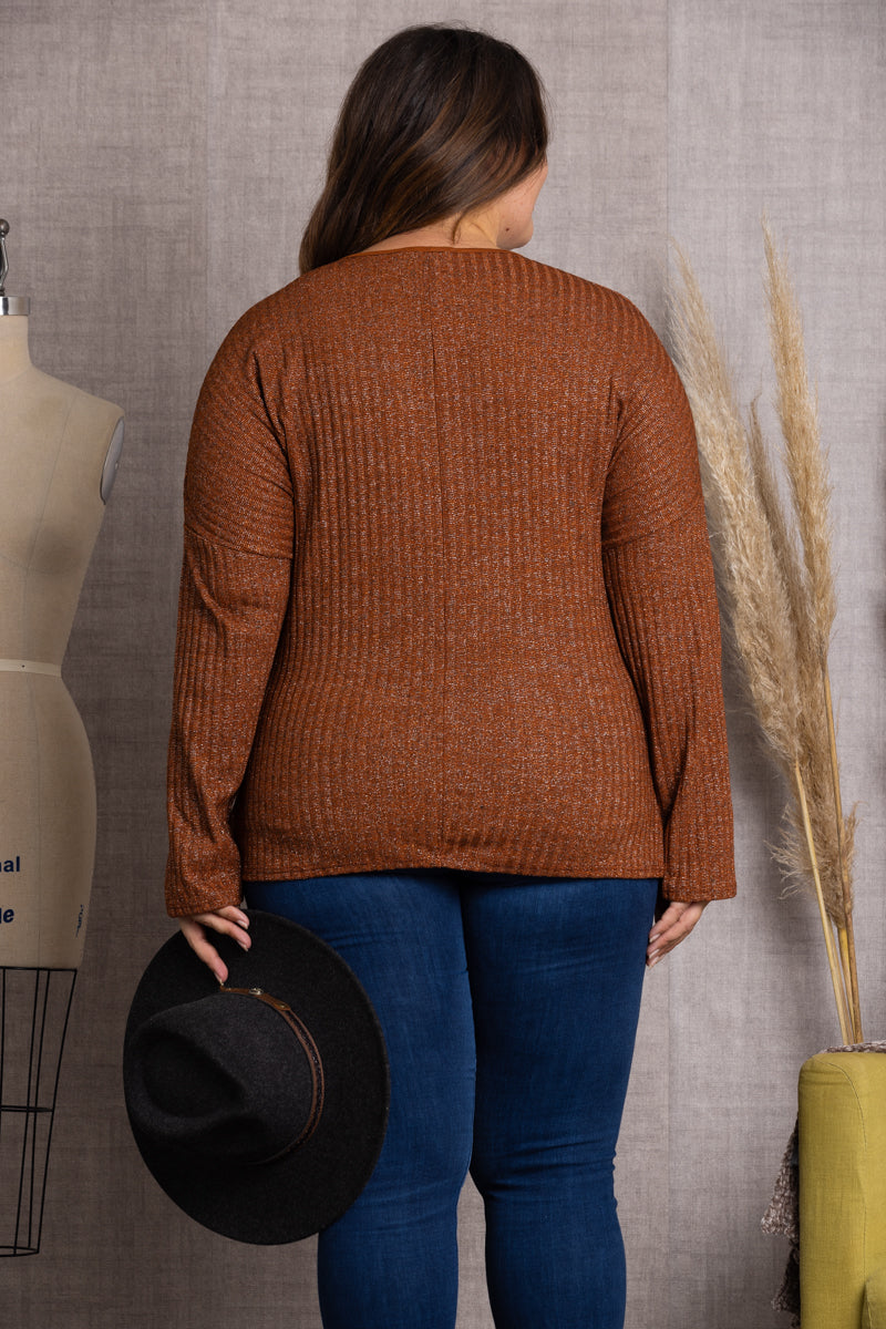 BROWN RIBBED KNIT LONG SLEEVES PLUS SIZE TOP-T7500