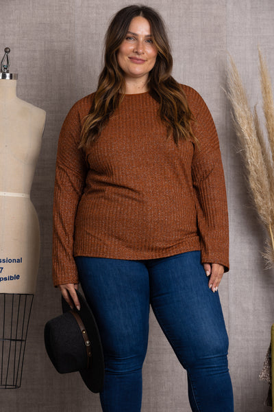 BROWN RIBBED KNIT LONG SLEEVES PLUS SIZE TOP-T7500