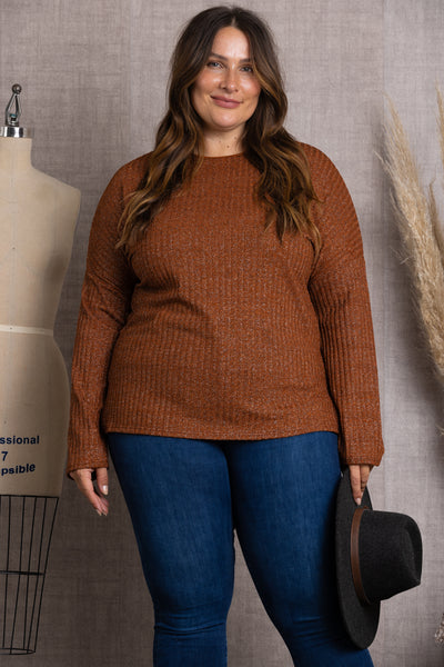 T7500-BROWN RIBBED KNIT LONG SLEEVES PLUS SIZE TOP