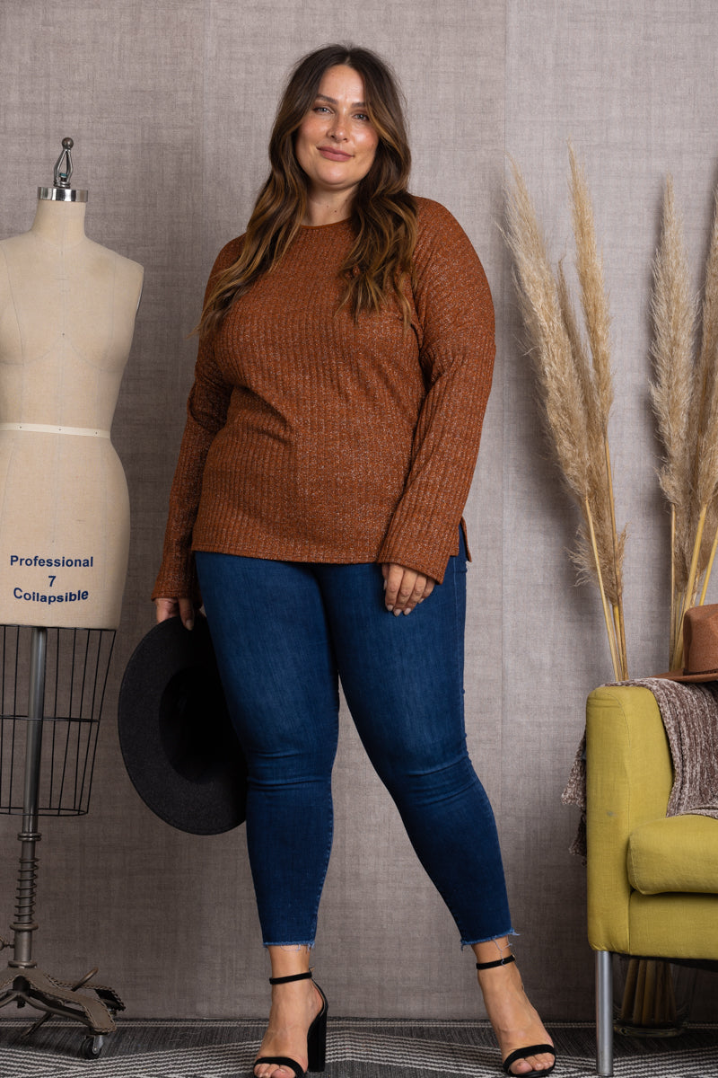 T7500-Wholesale RUST RIBBED KNIT LONG SLEEVES PLUS SIZE TOP