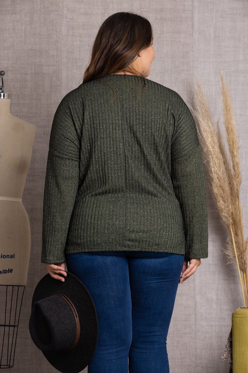 T7500-OLIVE- RIBBED KNIT LONG SLEEVES PLUS SIZE TOP