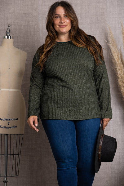 T7500-OLIVE- RIBBED KNIT LONG SLEEVES PLUS SIZE TOP