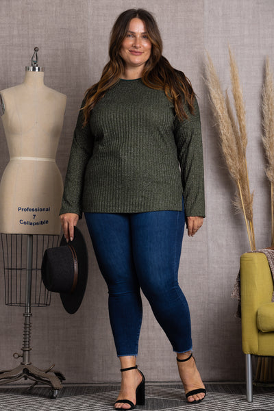 T7500-Wholesale CHARCOAL RIBBED KNIT LONG SLEEVES PLUS SIZE TOP