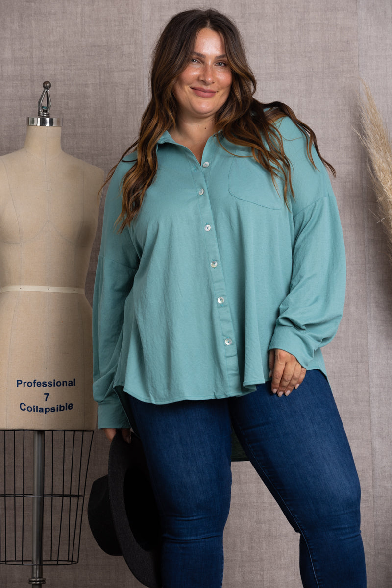 T7517-SAGE COLLAR BUTTON DOWN LONG SLEEVE PLUS SIZE TOP
