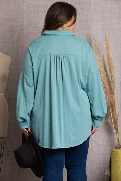 T7517-SAGE COLLAR BUTTON DOWN LONG SLEEVE PLUS SIZE TOP