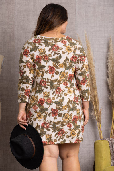 SD21058EP-CREAM COMBO FLORAL PRINT3/4 SLEEVES SOFT PLUS SIZE MINI DRESS