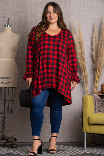 4T1989-2-Wholesale RED PLAID HI-LOW RUFFLED LONG SLEEVE PLUS SIZE TUNIC TOP