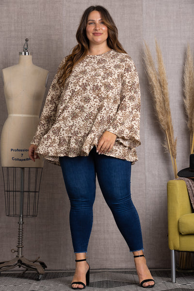 TP1944-3-Wholesale NATURAL FLORAL PRINT RUFFLE SLEEVE AND HEM PLUS SIZE TOP