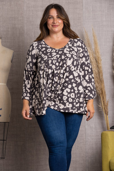 BROWN ANIMAL PRINT BELL LONG SLEEVE PLUS SIZE TOP-4T2358-1
