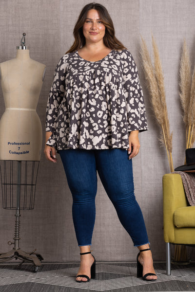 4T2358-1-Wholesale BROWN ANIMAL PRINT BELL LONG SLEEVE PLUS SIZE TOP